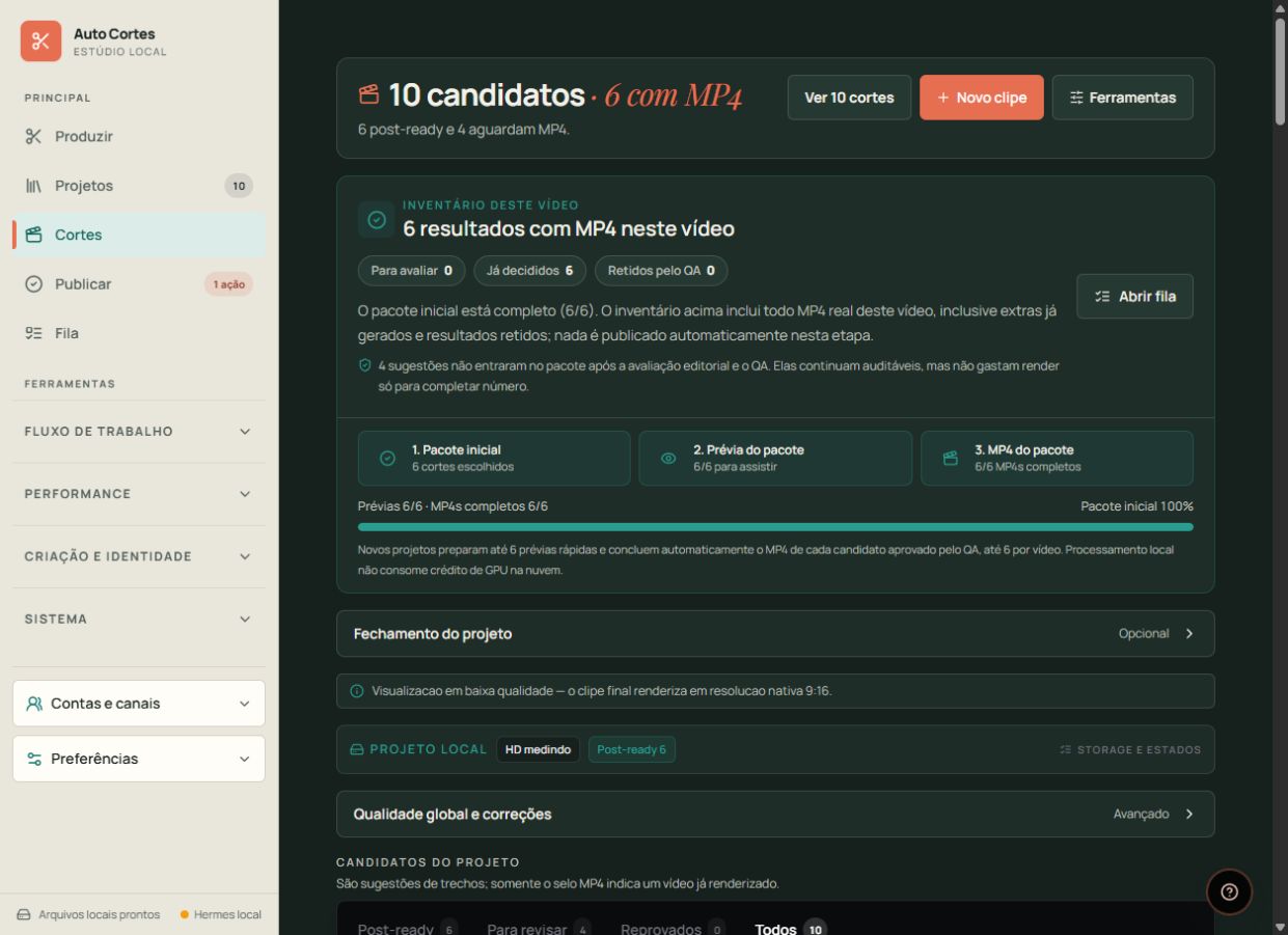 Tela real de Cortes mostrando dez candidatos, seis MP4s completos e o progresso do pacote inicial