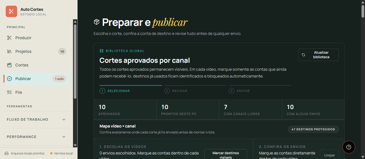 Tela real de Publicar com um corte, título, descrição e botão para baixar o MP4